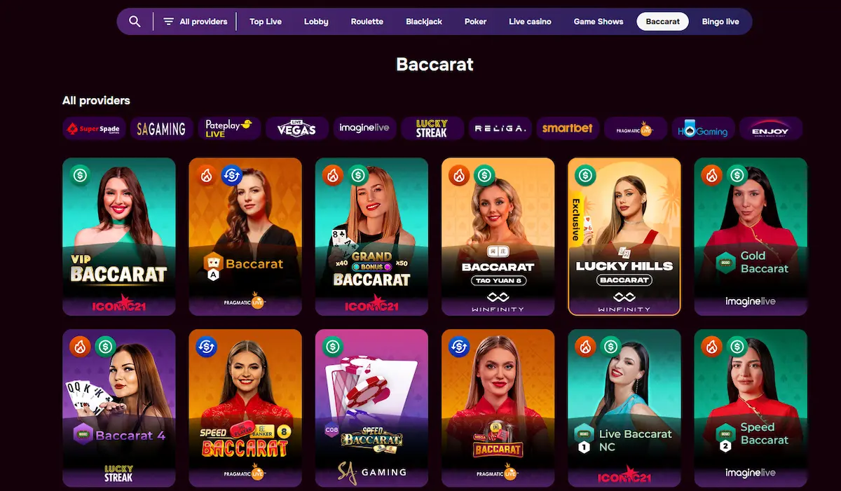 Live baccarat table at Luckyhills Casino