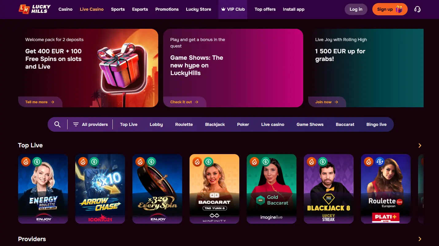 Luckyhills live casino dealer tables interface